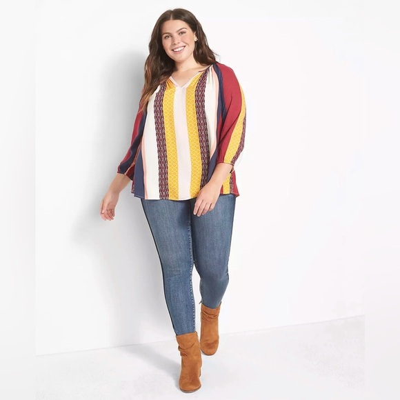 Lane Bryant Classic 3/4-Sleeve Split-Neck Popover Blouse New Stripes 26/28 Boho - Picture 3 of 8